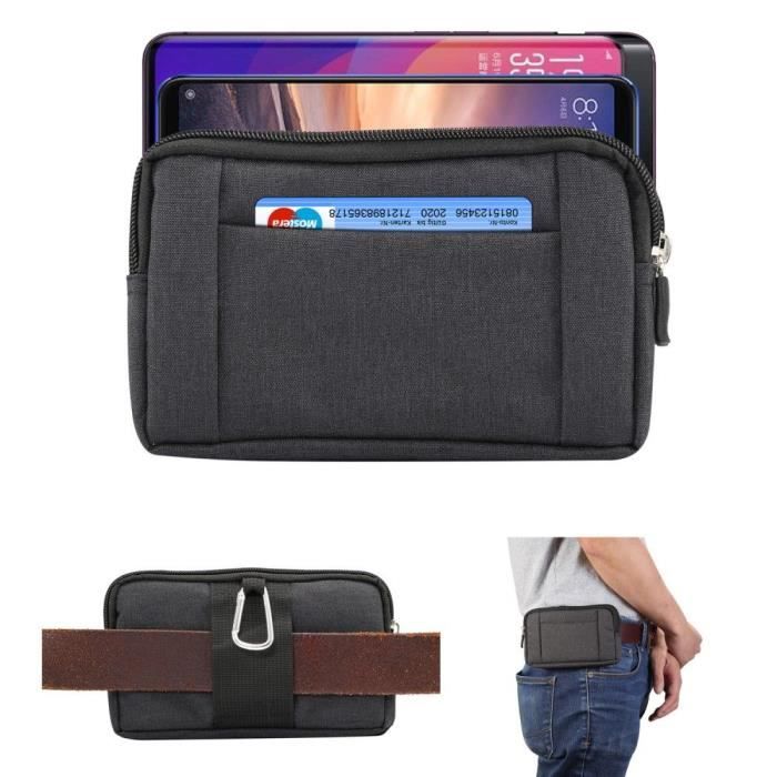 Étui Housse Ceinture Multi-usages avec 2 Compartiments à Glissière pour Xiaomi Redmi Note 8T (2019) > Noir (16,5x 9cm)