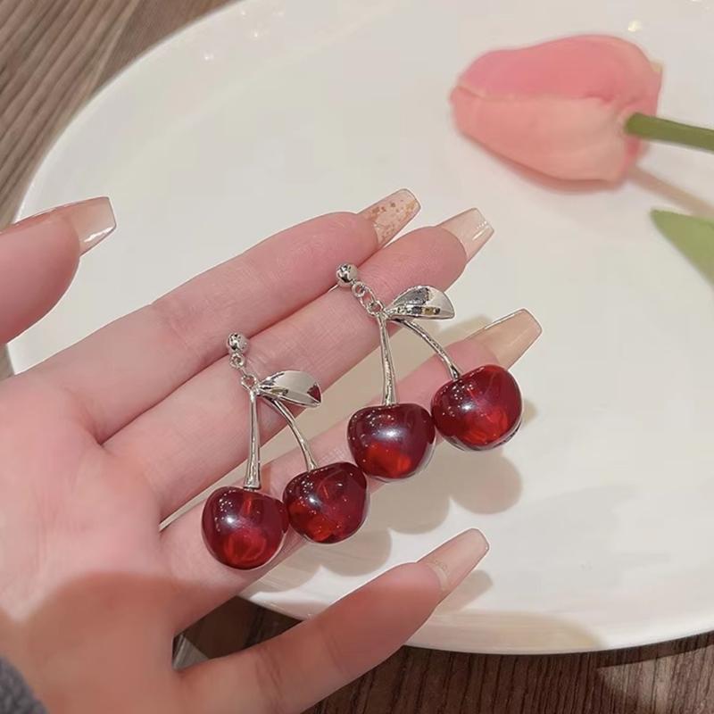 Delicate Alloy Cherry Earrings Youthful Cherry Drop Earrings Sturdy Alloy Ear Hook Adornment in Multiple Colors