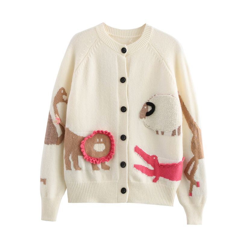 Kaslead New Women clothes Western Style Zoo Stereo Jacquard round Neck Long sleeve Knit cardigan Outerwear