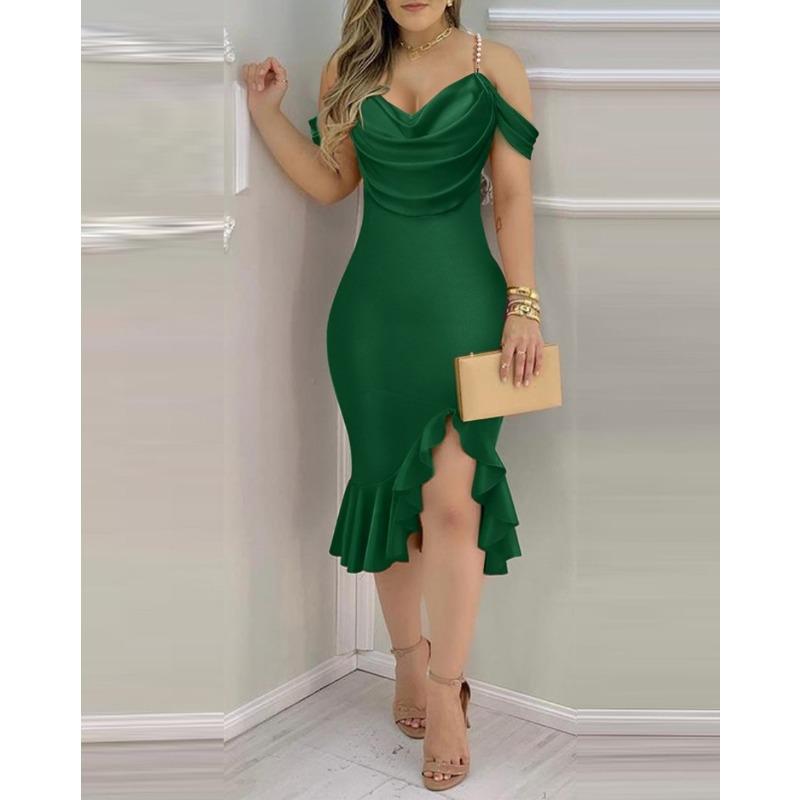 women's Off Shoulder Pearl Strap Cowl Neck Ruffle Slit Bodycon Midi Dress Elegant Party Evening Dress