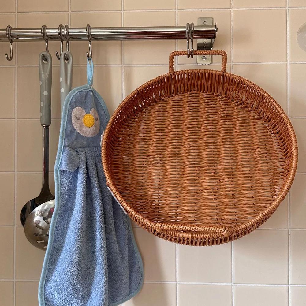 20/25/30/35cm Handwoven Rattan Basket Plastic Imitation Double Ears Rattan Storage Tray with Handle Round Shape Basket