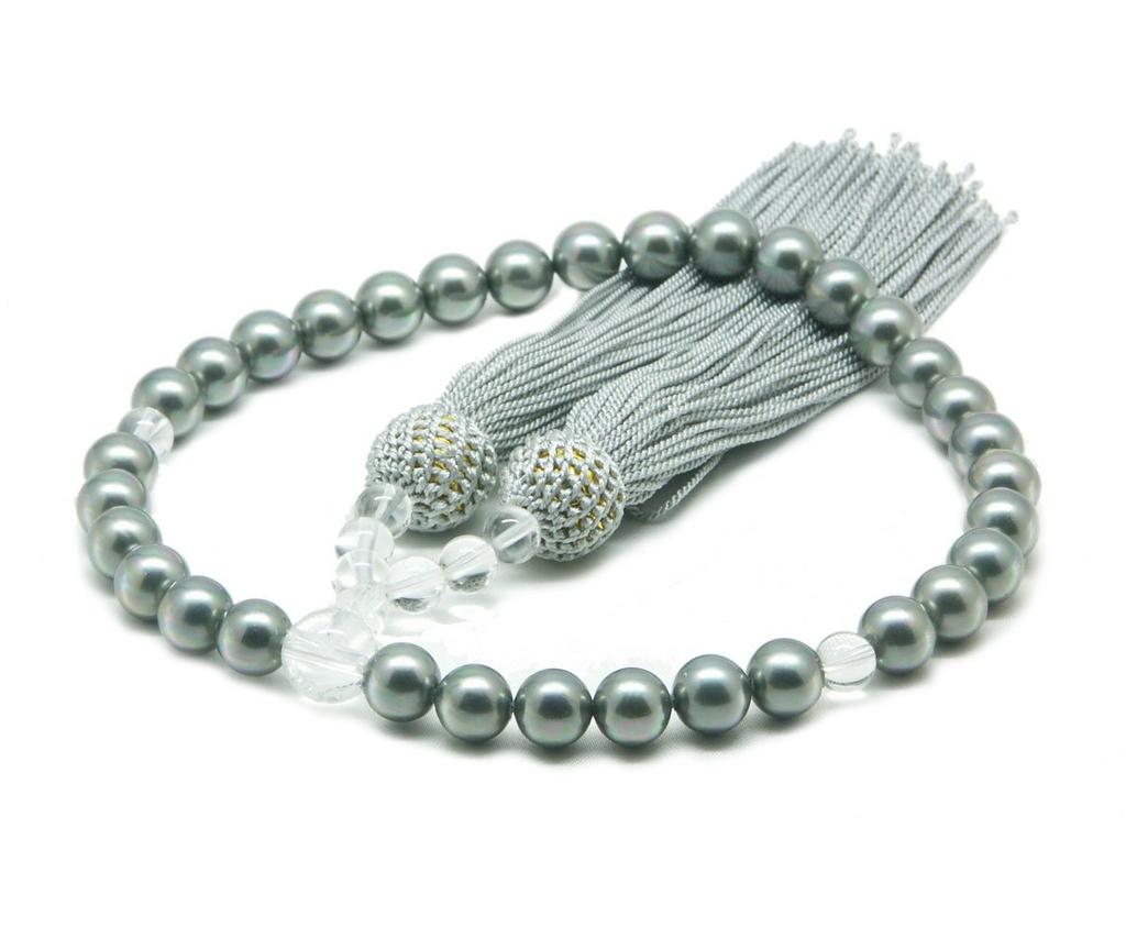 Matsuyo Hanadama Shell Pearl Prayer Beads for Women, High-Quality, Made in Japan, with Shell Pearls, Crystal, Gray, 8mm, and a Prayer Bead Bag.