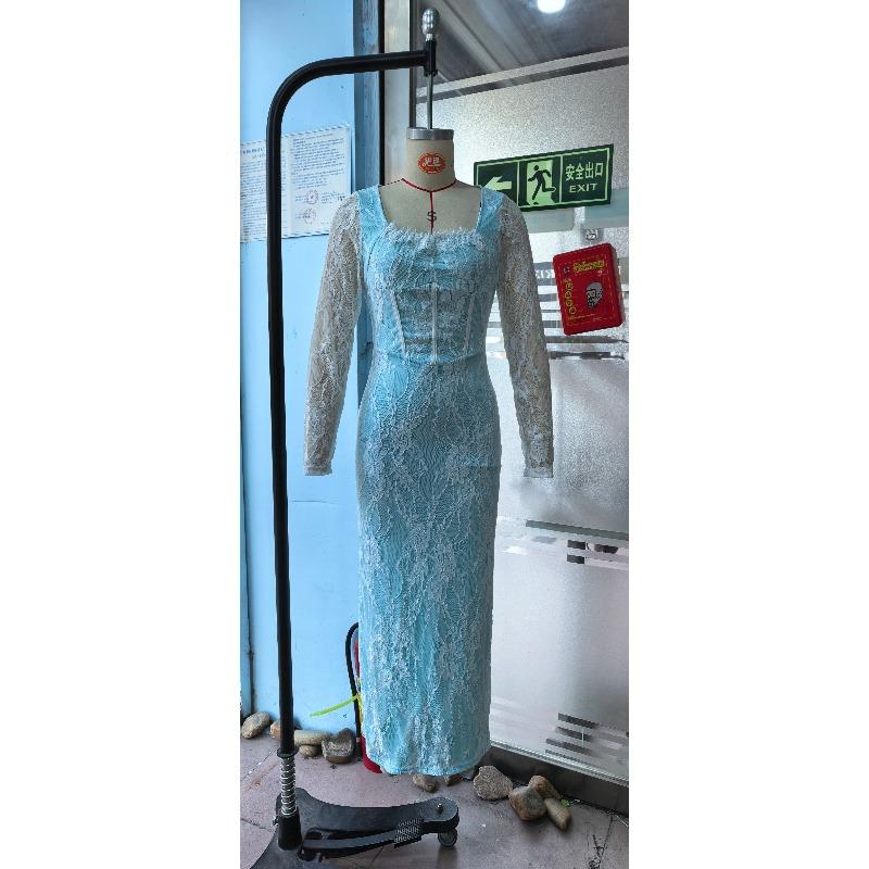 Xiyin Nian Square Neck Lace Splicing Split Fork Waist Skinny Long Sleeve Hip Wrap Zipper Dress