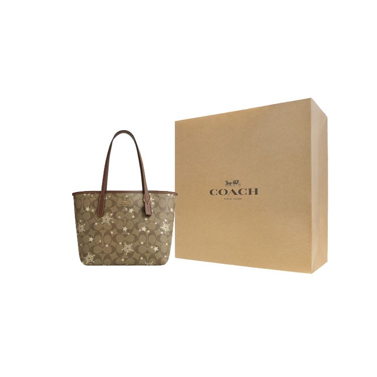 Coach City 23 Collaboration Classic Monogram Snowflake Print Color Block Leather Tote Bag Women tote bags Khaki CN682-IMWD9
