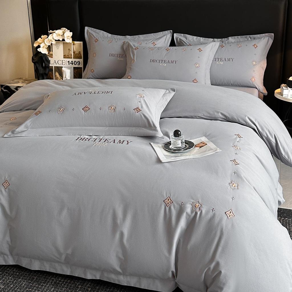 Elegant All-Cotton Flannel 4-Piece Bedding Set with Embroidered Duvet Cover and Skin-Friendly Bed Sheet