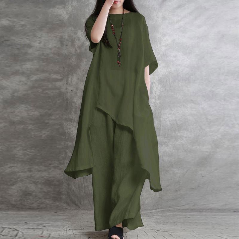 Damen-Retro-Mode-Outfits, unregelmäßige lange Bluse und Hose, Sommer-Zweiteiler-Set