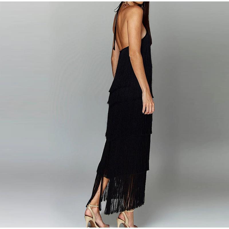 Tassels Halter Split Women Dress Sleeveless Backless Lace Up Party Summer Street Club Evening Robe