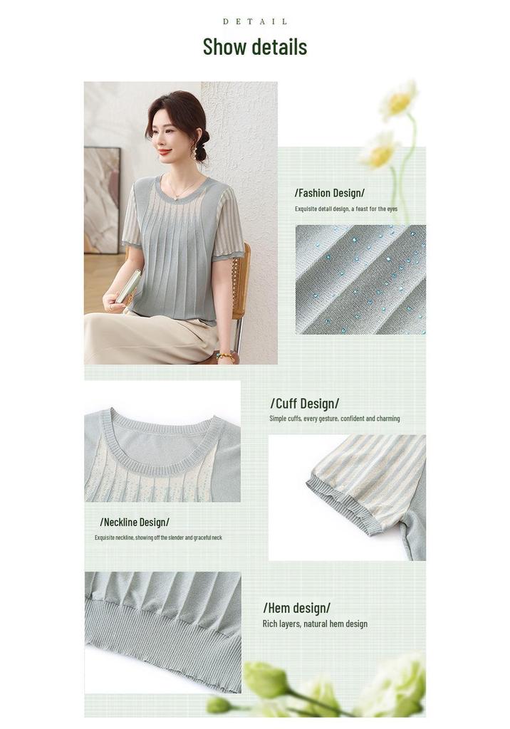 Fashionable Summer Ice Silk Short Sleeve Knit T-shirt for Middle-aged & Plus Size Women