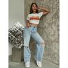 Womens High-Waisted Wide-Leg Distressed Denim Pants Loose Fit Cropped Trousers Streetwear Style