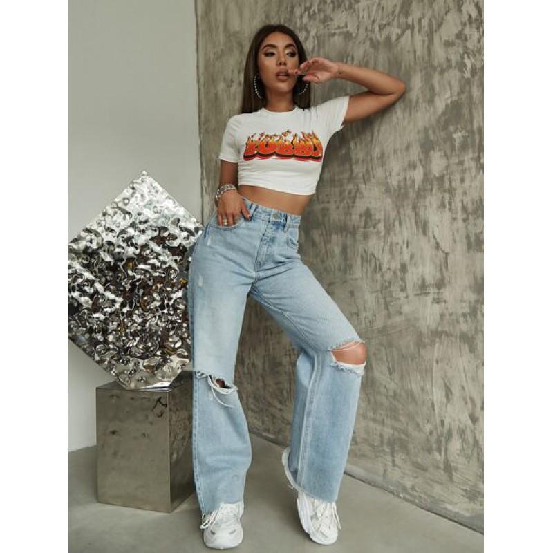 Womens High-Waisted Wide-Leg Distressed Denim Pants Loose Fit Cropped Trousers Streetwear Style