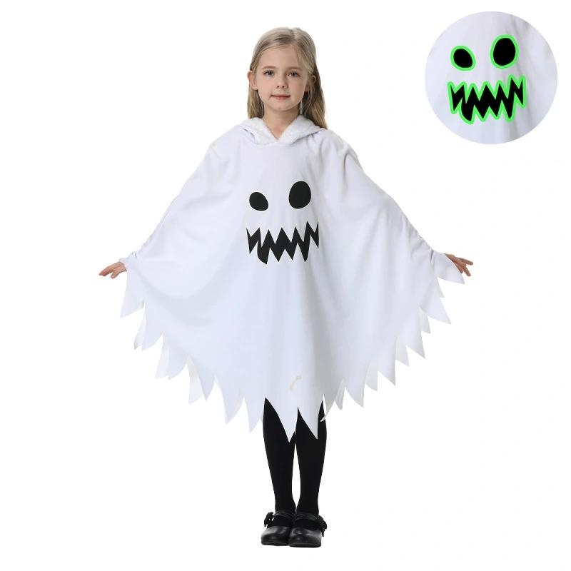Halloween Kids Cosplay Costume White Black Luminous Ghost Luminous Face Cape Shawl Party Dress-Up Costume Boys Cape Girl