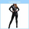 Alluring Black Open Crotch Leather Bodysuit With Full Legs And Long Sleeves Perfect For Costume Parties
