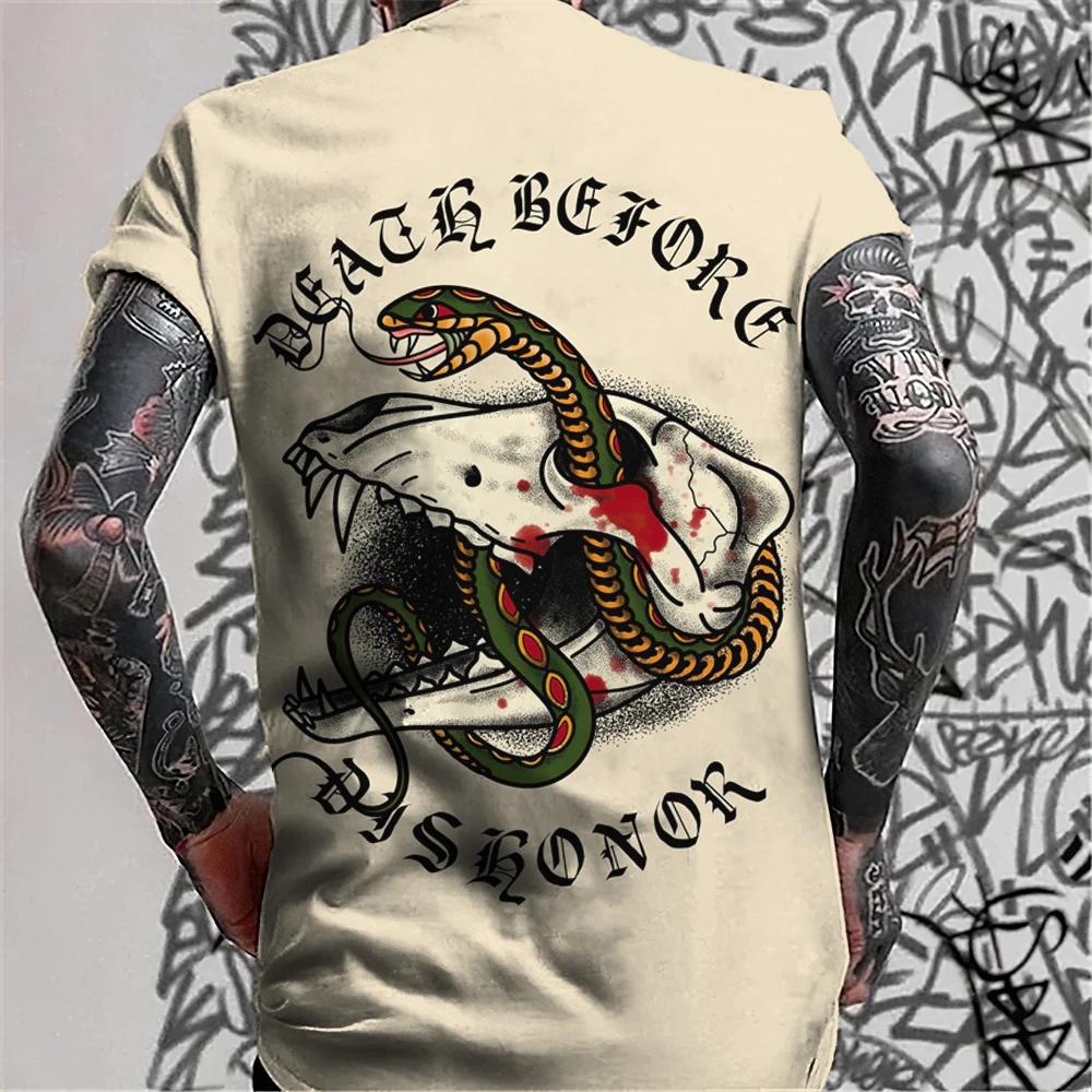 Men's Retro Tattoo Style T-shirt Trend 3D Printing Street Short Sleeved Hip-hop Punk Style Men's T-shirt Oversized Mens Clothing