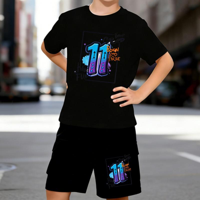 

Boys 2 Piece Racing style printed outfit, Short Sleeve T-Shirt and Shorts Set for Kids Age 5-14,Black,White Sporty Casual Summer Clothes 5-6 Years чёрный