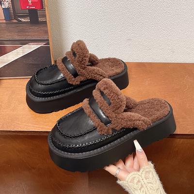 Women Platform Suede Slippers Fad Flats Fur Warm Plush Cotton Flip Flops Leather Shoes Winter Trend Cozy Slingback Zapatos Mujer