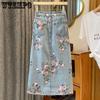 Frühling und Sommer Retro Vielseitiger Skinny Split Denim Print Halbkörperrock Weiblicher Chic Hohe Taille Mittellanger Paket Hüftrock