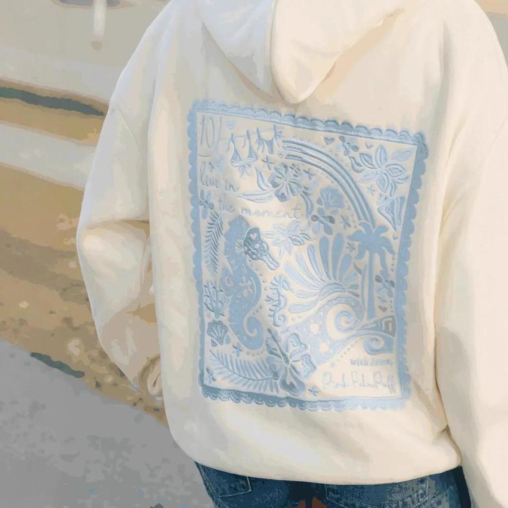 New Pink Palm Print Drop-Shoulder Long-Sleeve Hooded Sweatshirt