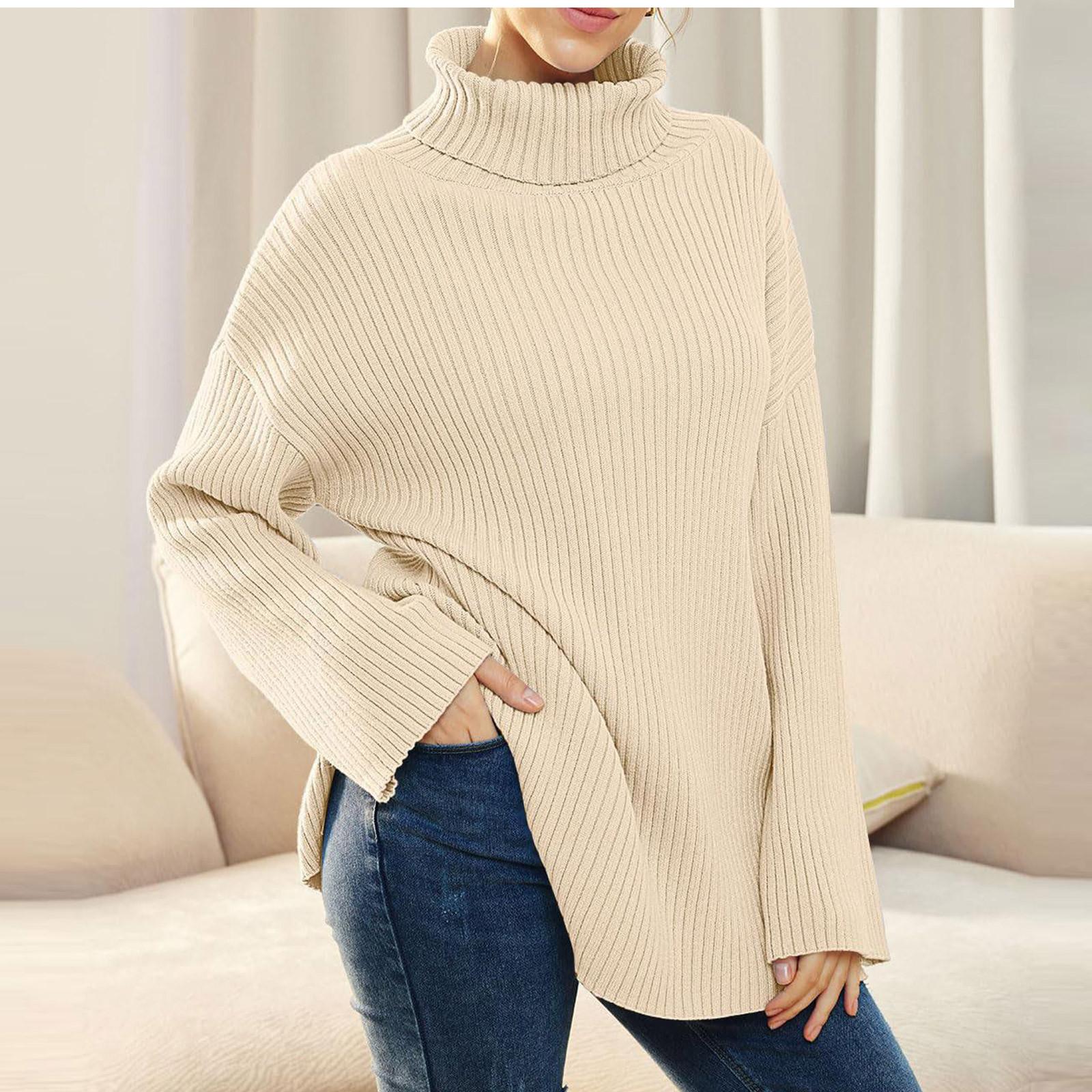 

Женский осенне-зимний свитер с высоким воротом, открытый жакет с длинными рукавами, ребристый трикотажный свитер L бежевый