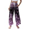 Damen Casual Retro Blumendruck Weites Bein Kordelzug Tasche Strand Freizeit Hose