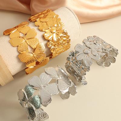 European and American Electroplated 18K Gold Wide-sided Titanium Steel Bracelet Women's Opening Adjustable Butterfly Shape Advanced Bracelet