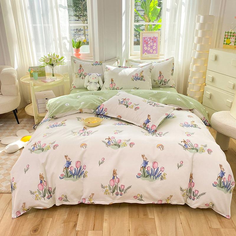 Verdicktes und Poliertes Vier-Teile-Set aus reiner Baumwolle, Bettlaken, Bettbezug, Dreiteiliges Set für Studentenwohnheim, Bettwäsche