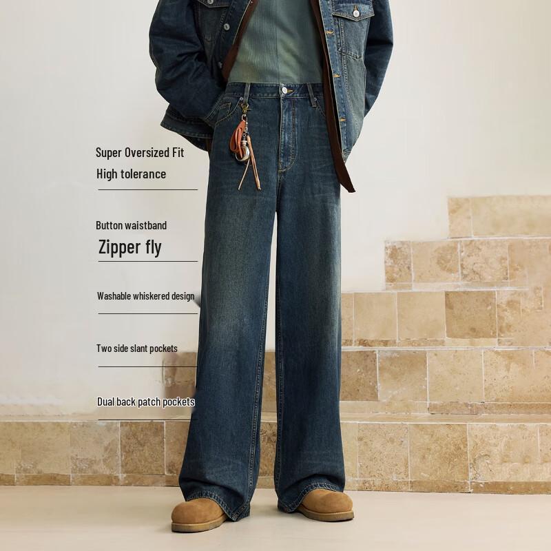 JACK&JONES Men's Wide Leg Washed Multi-pocket Jeans