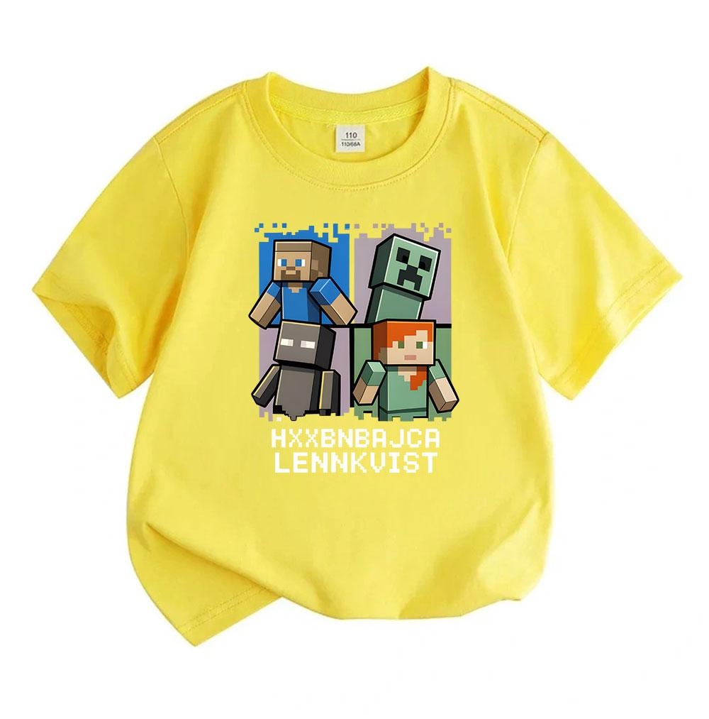 Kids Boys Girls Crew Neck Short Sleeve 100% Cotton T-Shirt, Cute Pixel Game Characters Printed Casual Soft Breathable Summer Tee for Youth Daily Wear