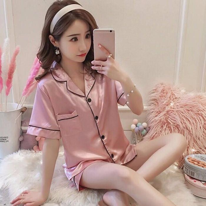 Summer Silk Satin Women Pajamas Set Button Down Top & Shorts 2 Pieces Sleepwear Notched Collar Nightwear Loungewear for Women
