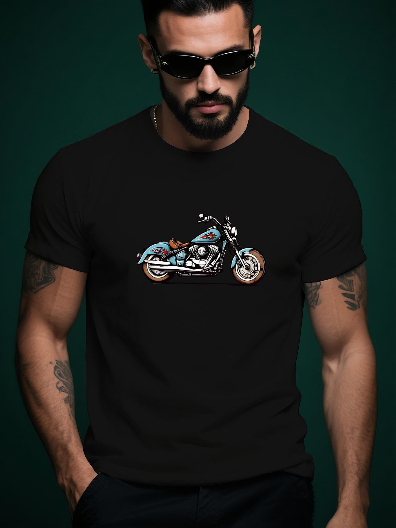 Crew Neck Tshirt with Motorcycle Cartoon Illustration - L... M
