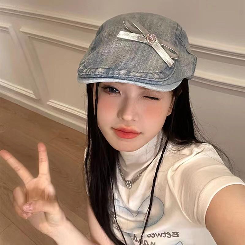 And Trendy Comfortable Denim Beret Hat For All Genders With Beautiful Butterfly Knot For Style Seasonal