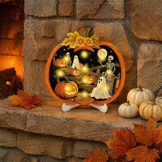 Mysterious Fantasy Home Decor Halloween Wooden Pumpkin Sign, LED Light Up Ghost Hanging Creepy Aesthetic Wall Sign for Indoor Outdoor Holiday