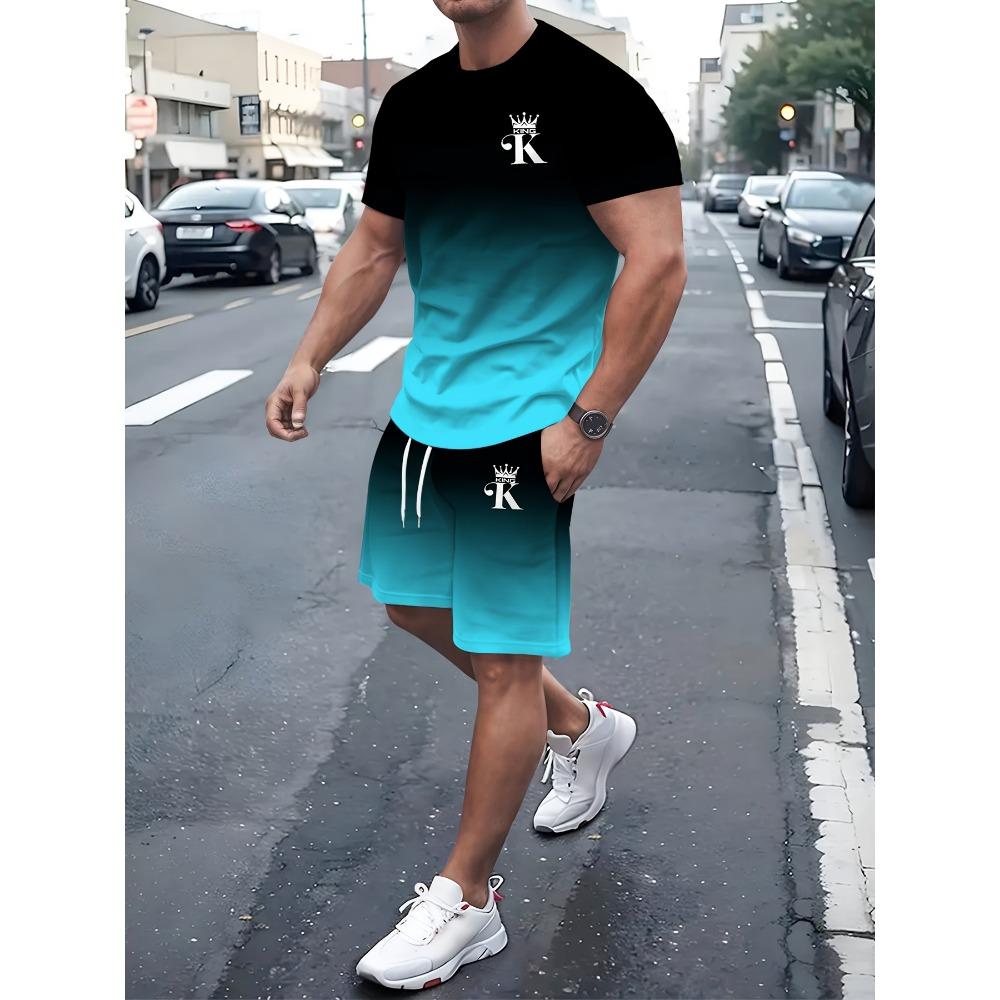 Gradient splicing letter pattern full body digital printing men's set