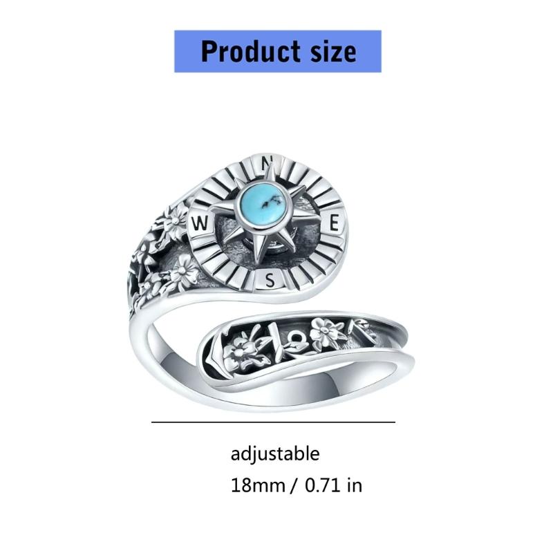 Adjustable Opening Women Vintage Ring Natural Turquoise Gemstones and Compasses Accessory Symbolic Jewelry Gift