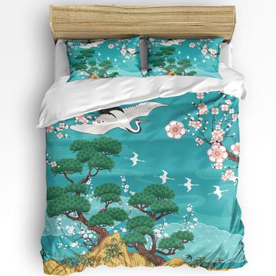 Estilo Japonés Grulla Flor de Cerezo Vintage Juego de Ropa de Cama de 3 Piezas Para Cama Doble Textil del Hogar Funda Nórdica Funda de Colcha Funda de Almohada
