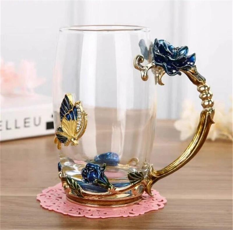 Cană de cafea emailată manuală, ceașcă de cristal, cu lapte, floare de lămâie, ceașcă de ceai de sticlă de calitate superioară, cadou cuplu cană pentru nunta iubitoare