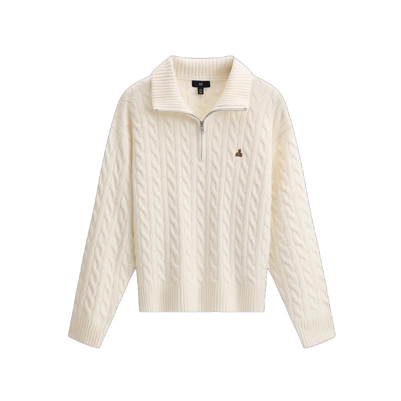 GAP Women's Bear Embroidery Zip Stand Collar Cable Knit Sweater