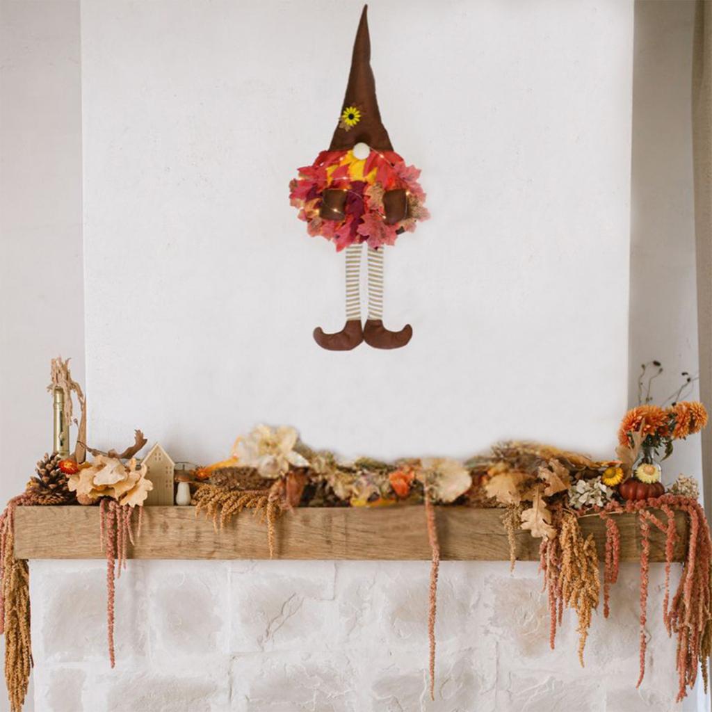 LED Fall Wreath Thanksgiving Long Leg Dwarf Wreaths Ornament With Maple Leaves Faceless Old Man Autumns Decorations For Front Door, Porch, Window