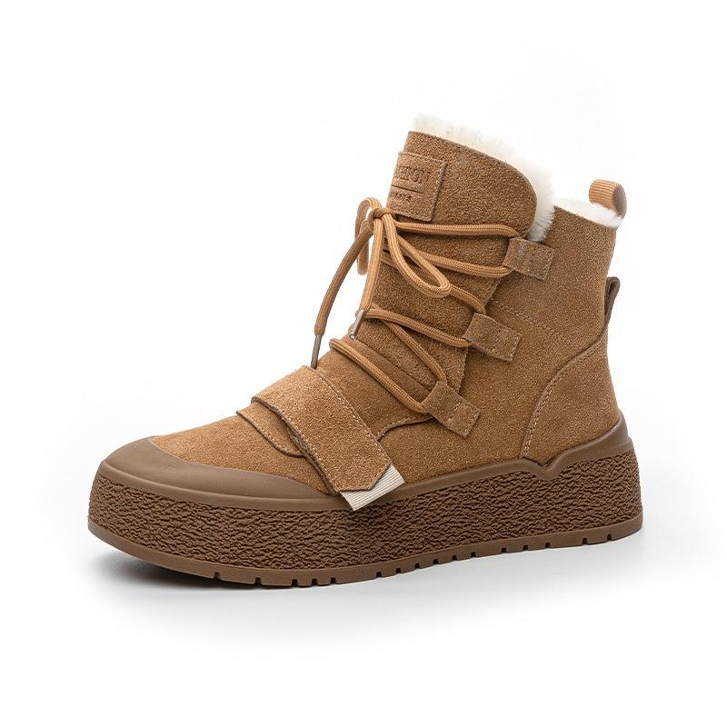 Leather real wool snow boots women's autumn and winter new cow suede thick hair heightening lace-up casual short boots women