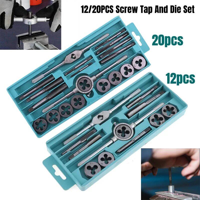 12/20Pcs Multifunction Tap and Die Set M3-M12 Metric Screw Thread Plugs Hand Screw Taps Straight Taper Tapping and Thread Tools