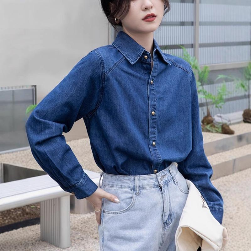 Dark Blue Retro Shoulder Port Soft Denim Shirt for Women To Wear Autumn, Winter and Spring New Small Top