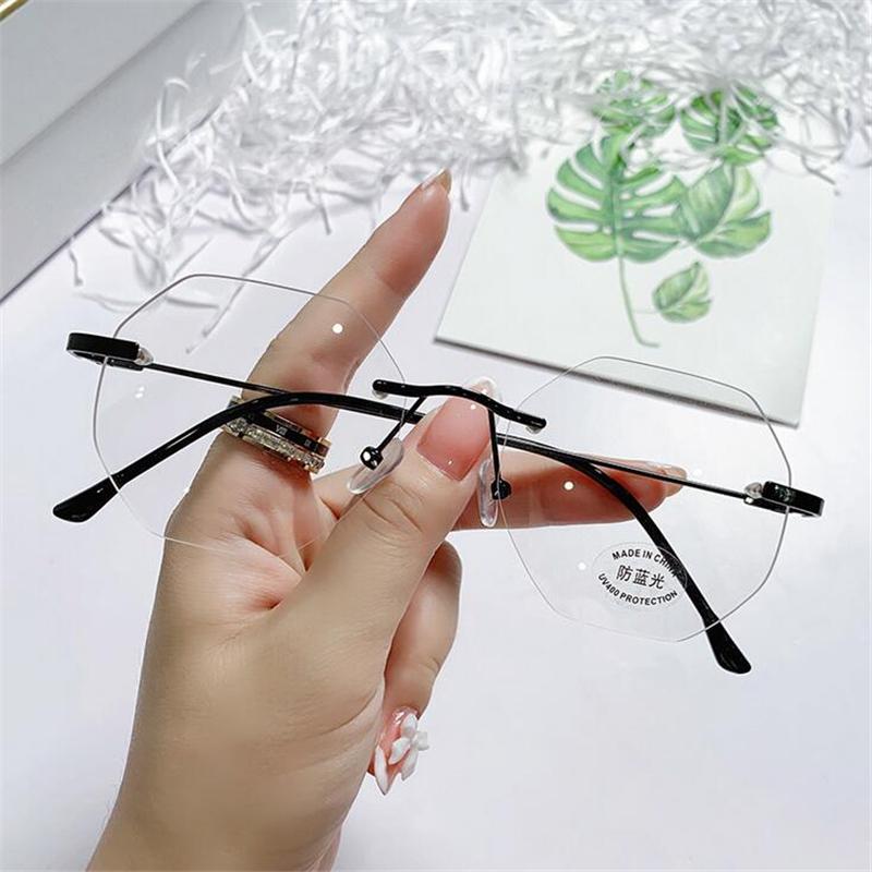 Rimless Blue Light Blocking Finished Myopia Glasses Women Metal Frameless Polygon Shortsighted Eyewear Diopter -1.0 -1.5 To -4.5