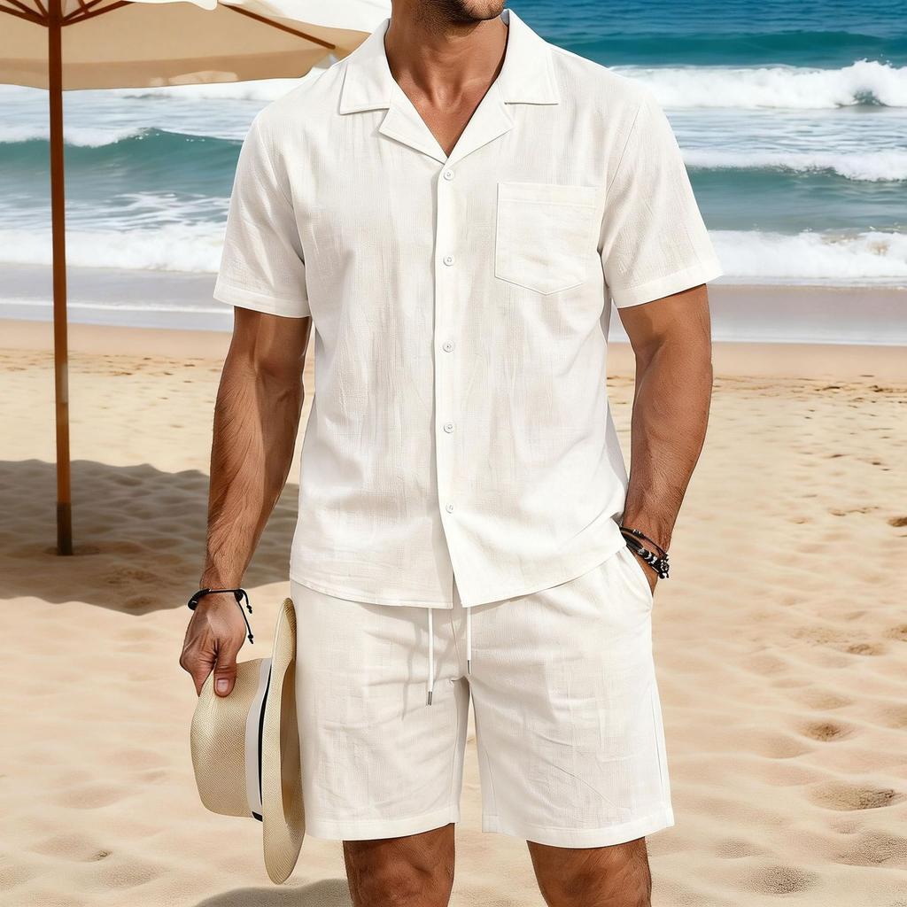 Mens Casual Loose Breathable Short Sleeve Shirt And Shorts Beach Set