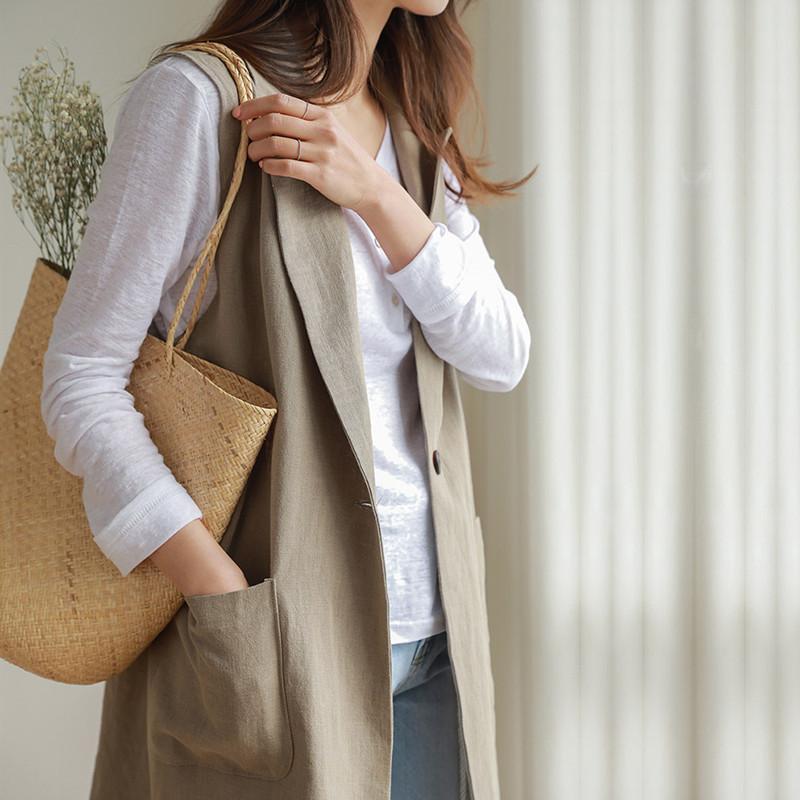 Women's Spring and Summer Loose Single-breasted Sleeveless Suit Vest Solid Color Simple Medium-length Jacket