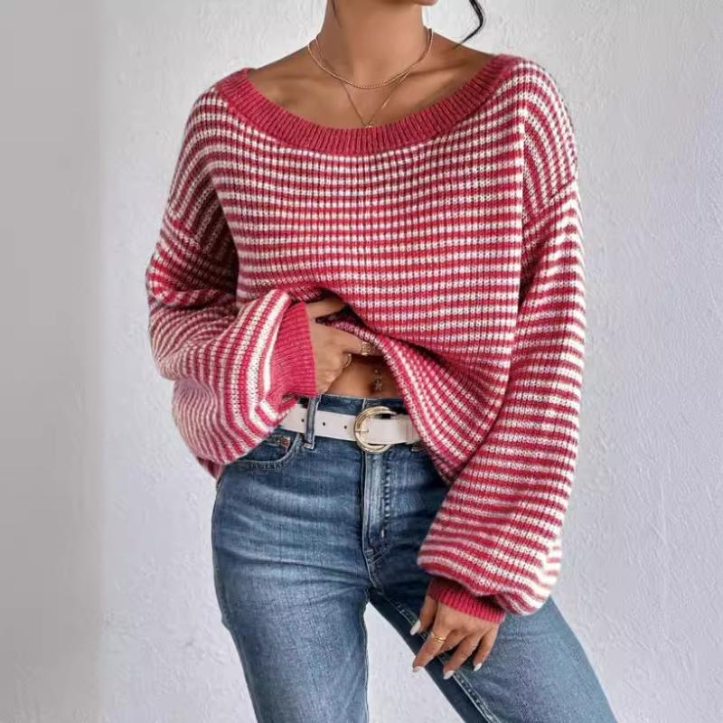 Dam Off Shoulder Randig Stickad Tröja Lös Casual Långärmad Pullover Topp