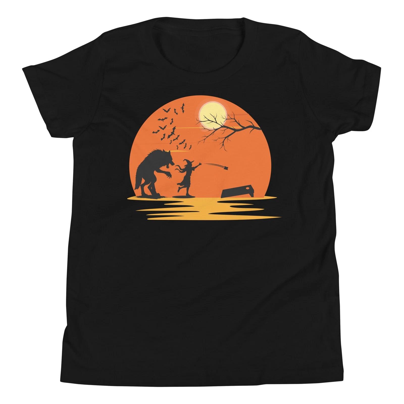 

Witch and Werewolf Playing Cornhole Halloween Costume Sunset Youth T-Shirt 100