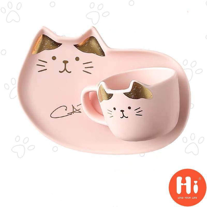 Hi Ceramic Coffee Cup With Saucer Spoon Cartoon Cat Teacup Breakfast Milk Mug Bread Dessert Dish Gift