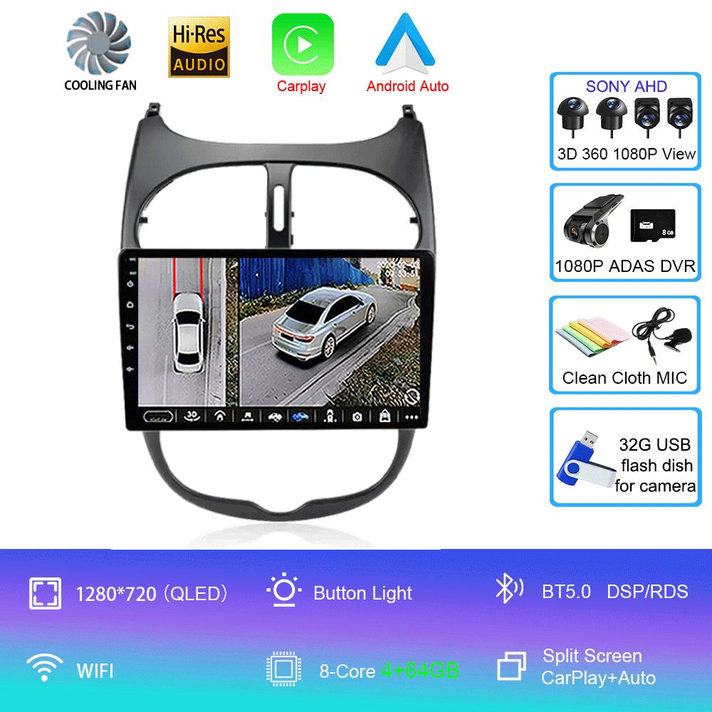 Android 14 2 Din Carplay Auto For Peugeot 206 CC SW C2 2001-2008 Car Radio GPS Multimedia Video Player Stereo WIFI+4G DSP