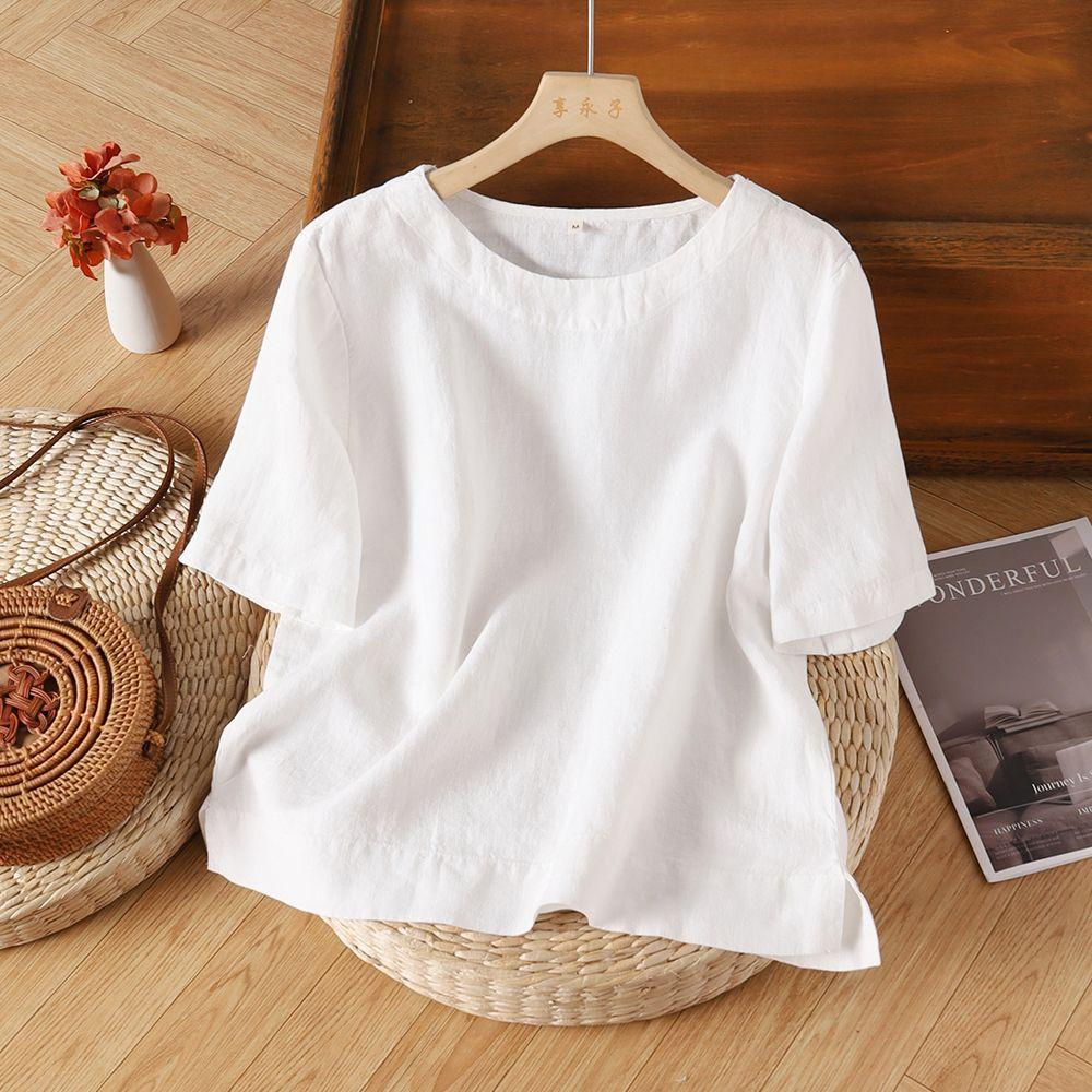 Plus Size Cotton Linen Short Sleeve T-Shirt Women's Retro Summer Loose Casual Shirt Crew Neck Tops