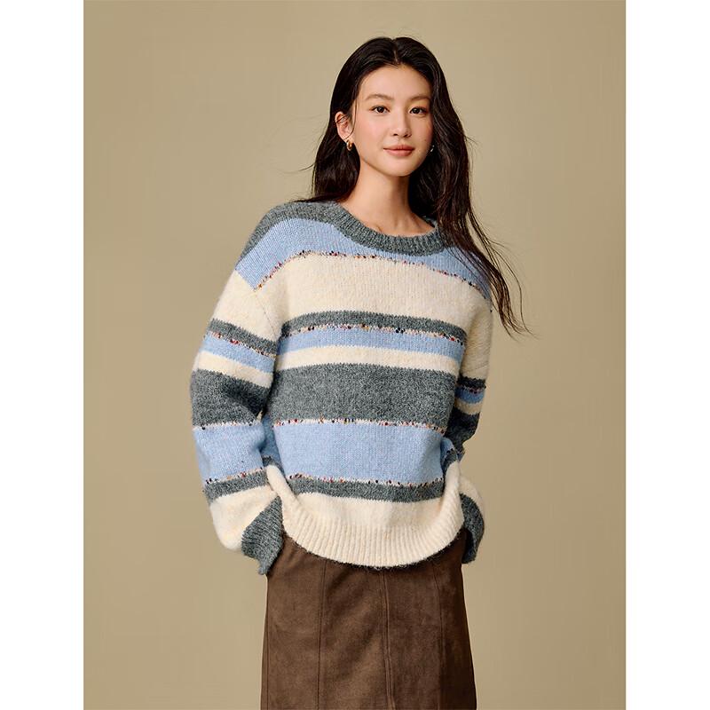 INMAN Women's Relaxed Fit Color Block Stripe Round Neck Knit Sweater