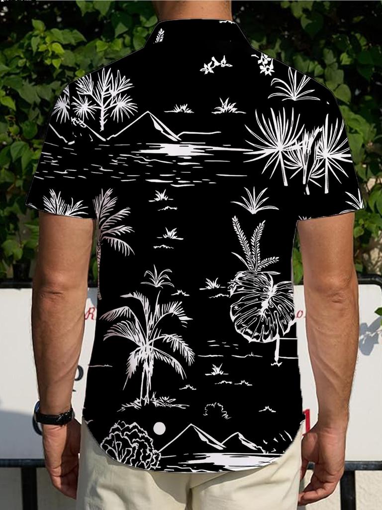 Men's Tropical Palm Print Short Sleeve Shirt - Breathable Loose Fit Beach Vacation Collar Top with Turn- Collar, Casual Summer Shirt Suitable for